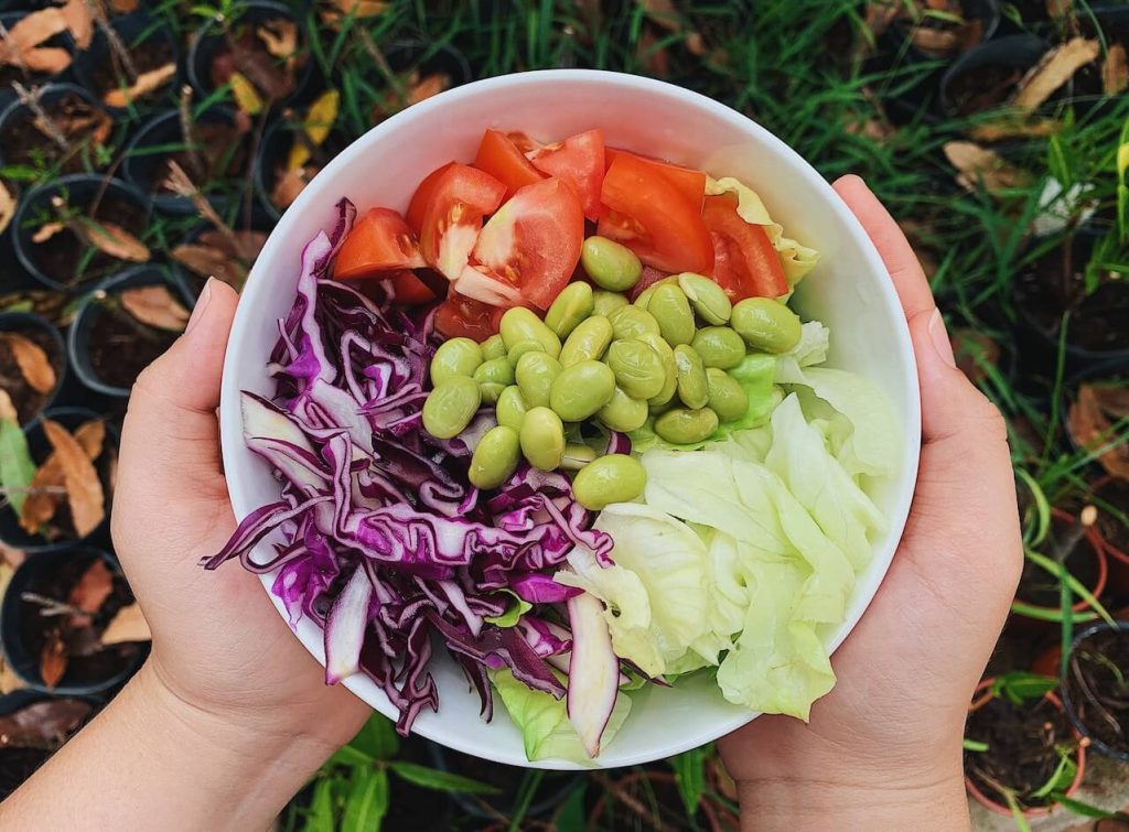 A bowl filled with a colorful assortment of raw vegetables, including carrots, cucumbers, bell peppers, and lettuce.